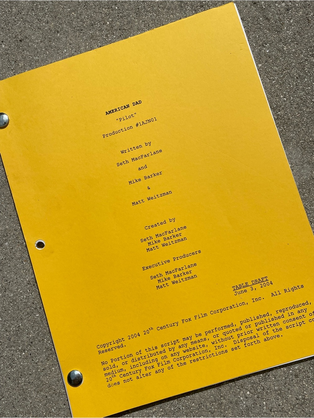 *HOLY GRAIL* American Dad 2004 PILOT EPISODE Production Used Table Draft Script